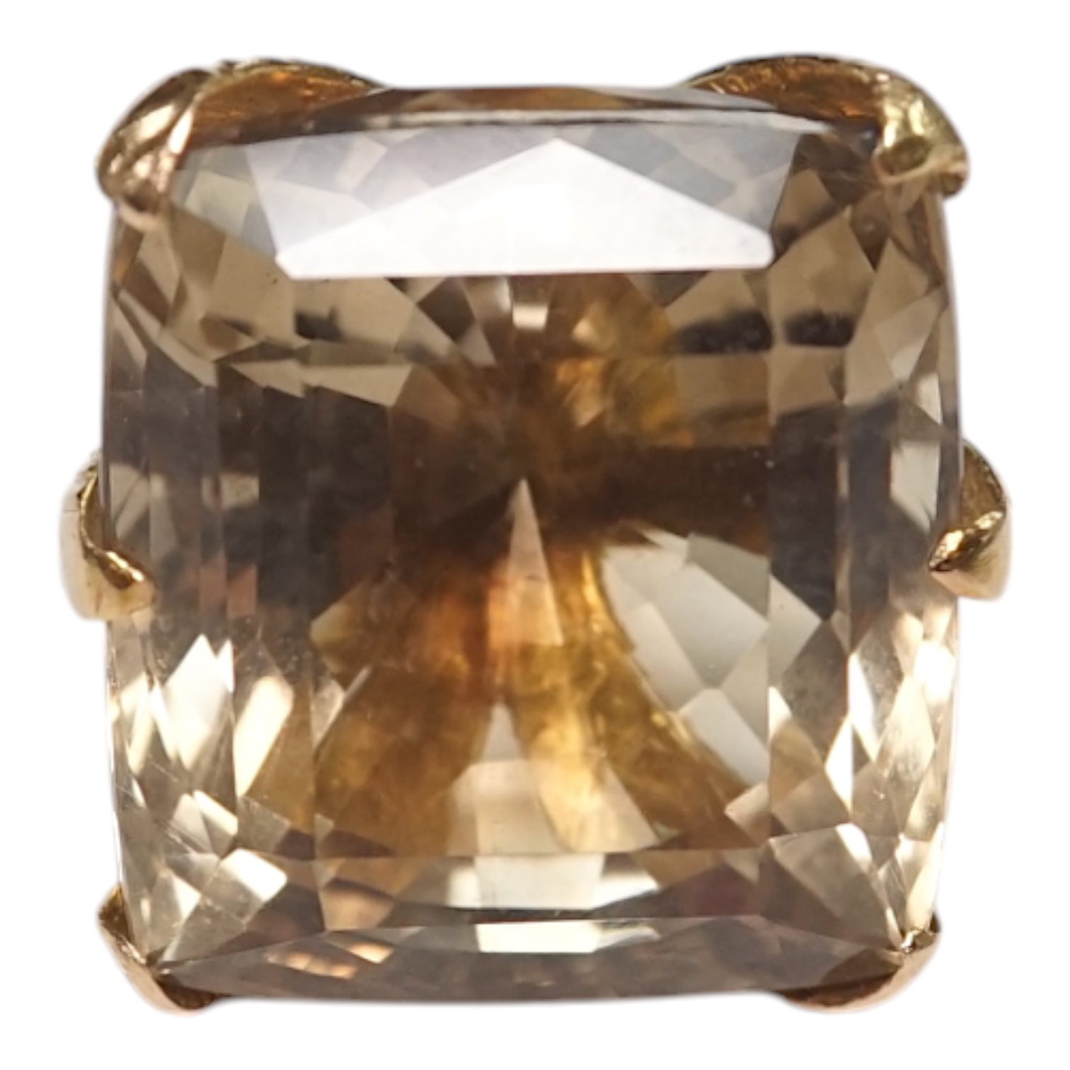 An 18k and large single stone smoky quartz set dress ring, size Q, gross weight 20.3 grams. Condition - fair to good